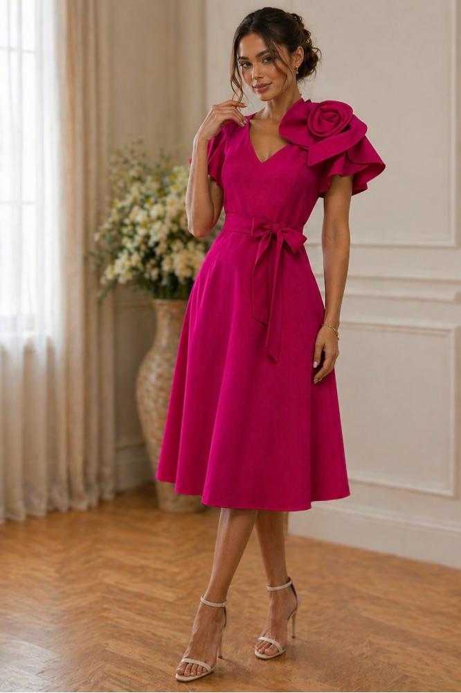 Ružovo malinové áčkové spoločenské šaty s kvetom